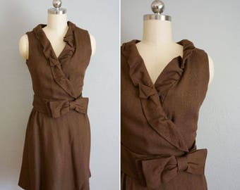 1960s Petit Allegro linen mini dress | 60s vintage brown mini dress | vintage 60s linen ruffle dress | 1960s linen wrap dress