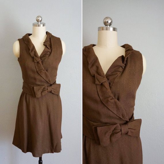 1960s Petit Allegro Linen Mini Dress | 60s Vintage Brown Mini Dress |  Vintage 60s Linen Ruffle Dress | 1960s Linen Wrap Dress - Etsy