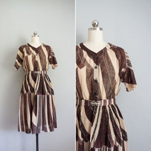 1950s Coffee Cafe geometric print dress | vintage 50s brown pleated skirt dress | 50s vintage belted mid-century dress