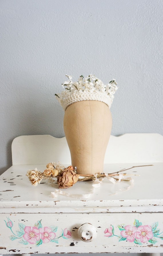 1950s Conte de Fees white floral crown | vintage 50s bridal flower crown | 50s vintage velvet flower crown | 50s velvet bridal crown