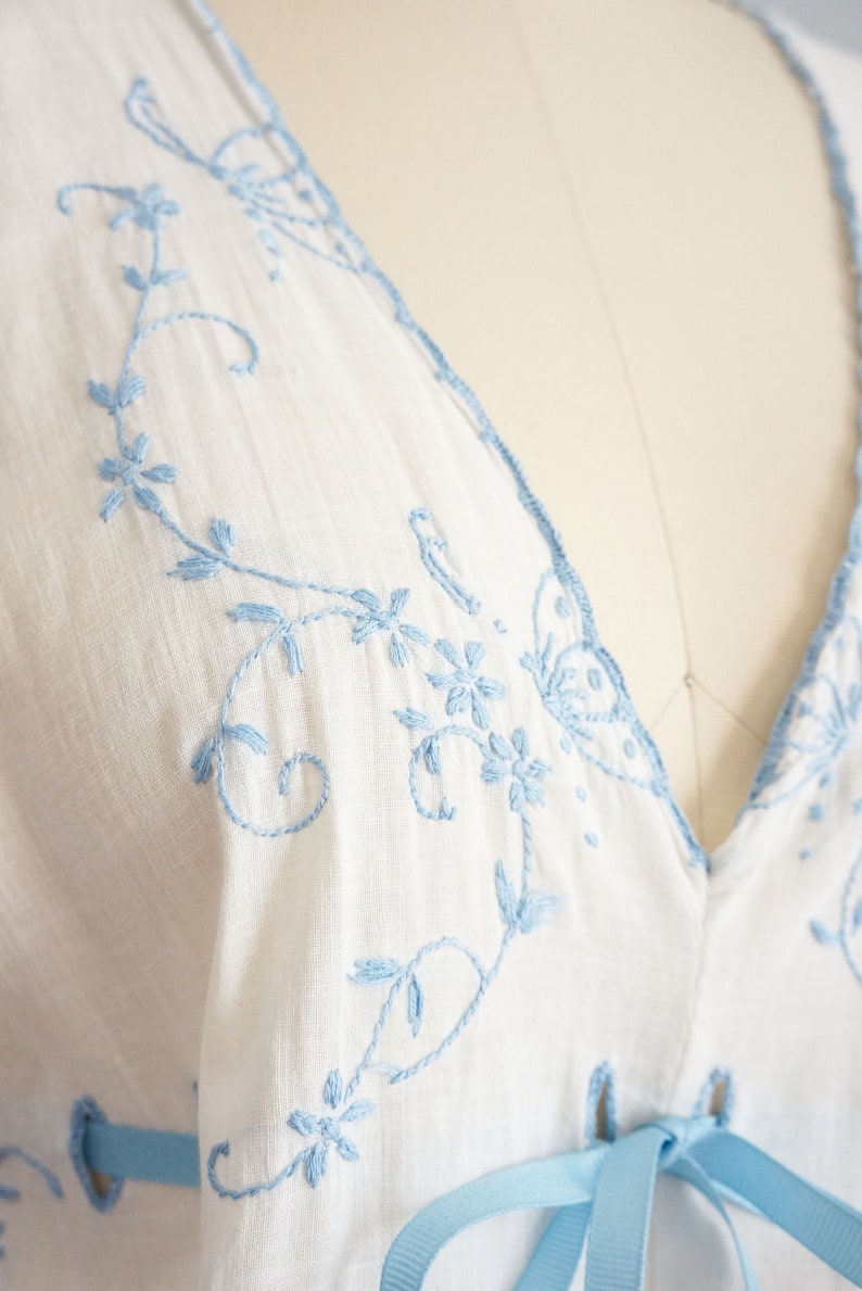 Edwardian Fluttering Vines cotton dress vintage 1910s embroidered cotton nightgown 1910s white and blue cotton dress image 4