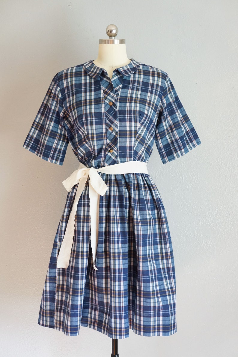 1950s Brentwood cotton day dress vitnage 50s plaid cotton dress 50s full skirt dress 50s blue plaid dress vintage full skirt dress image 2