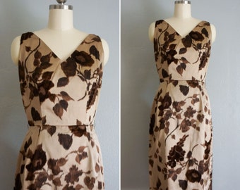 1950s Winter Foliage wiggle dress | vintage 50s brown velvet wiggle dress | 50s evening dress | 50s cocktail dress