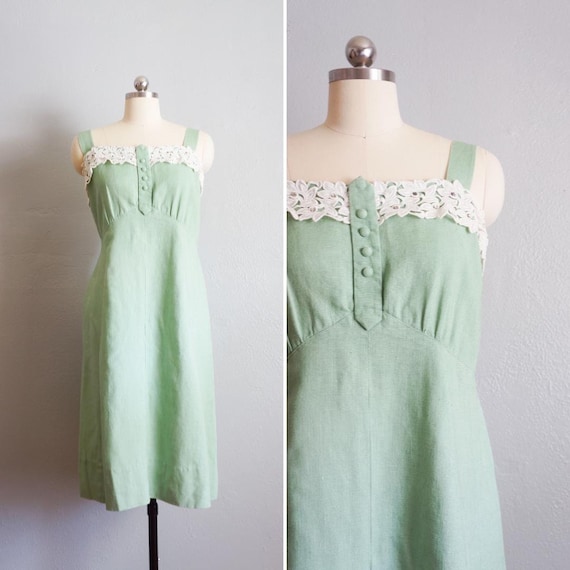 1950s Spring Green linen dress | vintage 50s linen