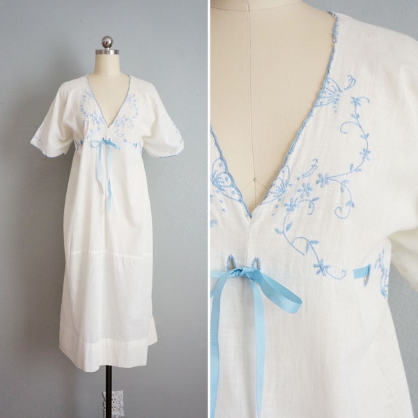 Edwardian Fluttering Vines cotton dress | vintage 1910s embroidered cotton nightgown | 1910s white and blue cotton dress
