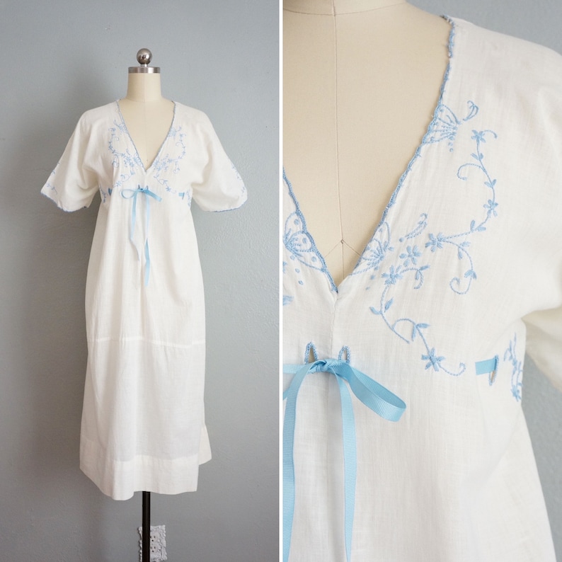Edwardian Fluttering Vines cotton dress vintage 1910s embroidered cotton nightgown 1910s white and blue cotton dress image 1