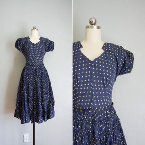 1950s Starry Night cotton dress | vintage 50s fit and flare dress | 50s vintage navy blue dress | 50s polka dot cotton dress