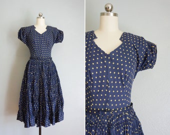 1950s Starry Night cotton dress | vintage 50s fit and flare dress | 50s vintage navy blue dress | 50s polka dot cotton dress