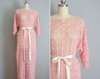 1930s Secret Keeper crochet pink dress | vintage 30s crochet dress | vintage 1930s pink crochet maxi dress | 40s crochet dress