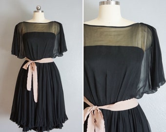 1950s Claudia black silk chiffon dress | vintage 50s silk chiffon party dress | vintage 50s Young Modes Claudia Young silk dress