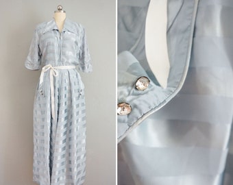 1950s Mode O'day blue rayon dressing gown | vintage 50s blue stripe dressing gown | vintage 50s blue rayon dress