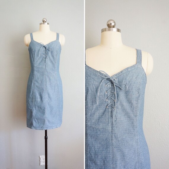 chinese dress ladies Boden Women's Ruffle Placket Chambray Dress in Blue