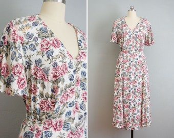 1990s Late Spring Blooms dress | vintage 90s floral rayon dress | 90s romantic floral dress | vintage 90s cottage romantic floral dress