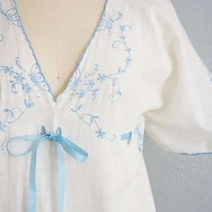 Edwardian Fluttering Vines cotton dress vintage 1910s embroidered cotton nightgown 1910s white and blue cotton dress image 3