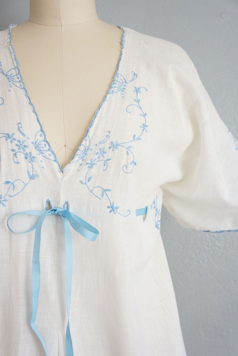 Edwardian Fluttering Vines cotton dress vintage 1910s embroidered cotton nightgown 1910s white and blue cotton dress image 3