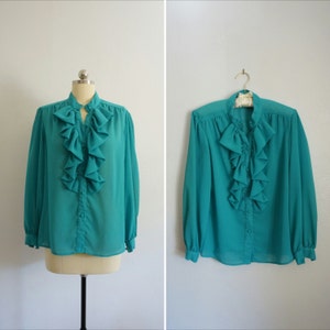 1980s Jo ruffle blouse | vintage blue top | vintage 80s ruffle blouse | vintage 80s blue top | 1980s vintage long sleeve blouse