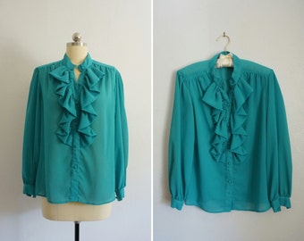1980s Jo ruffle blouse | vintage blue top | vintage 80s ruffle blouse | vintage 80s blue top | 1980s vintage long sleeve blouse