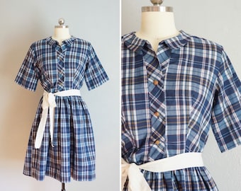 1950s Brentwood cotton day dress | vitnage 50s plaid cotton dress | 50s full skirt dress | 50s blue plaid dress | vintage full skirt dress