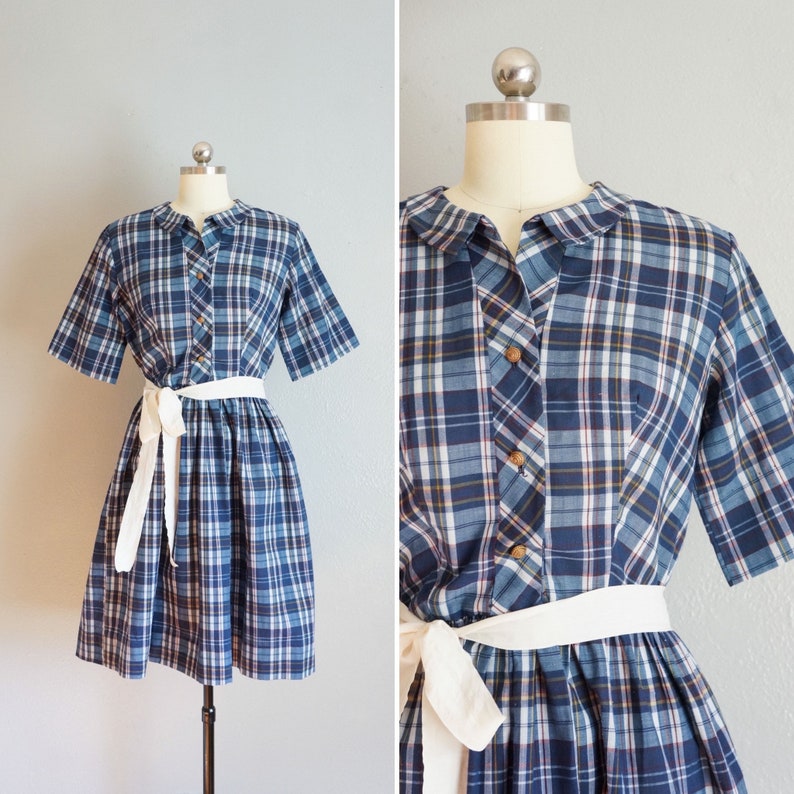 1950s Brentwood cotton day dress vitnage 50s plaid cotton dress 50s full skirt dress 50s blue plaid dress vintage full skirt dress image 1