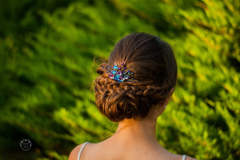 bridal jewelry prom headpiece crystalline beads flower hairpin Blue and violet bohemian hair comb hairpin purple wedding hair accessory