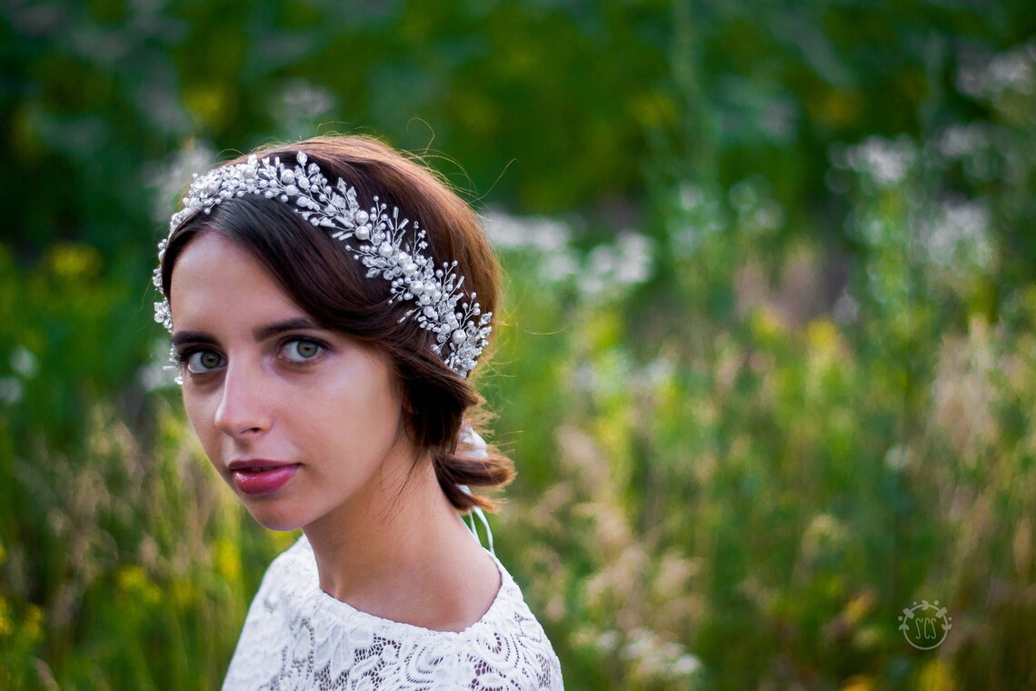 White and Silver Boho Hair Accessory Vine Wedding Wreath Etsy