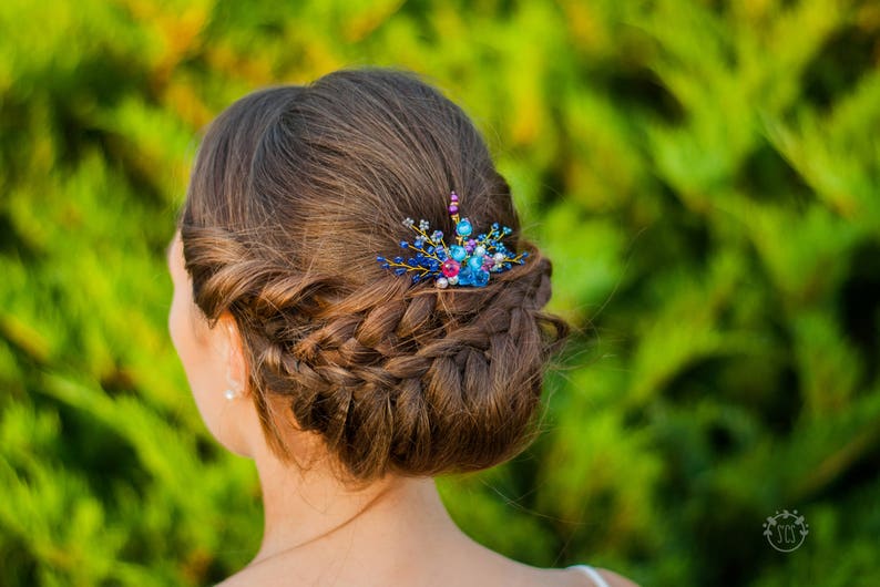 bridal jewelry prom headpiece crystalline beads flower hairpin Blue and violet bohemian hair comb hairpin purple wedding hair accessory