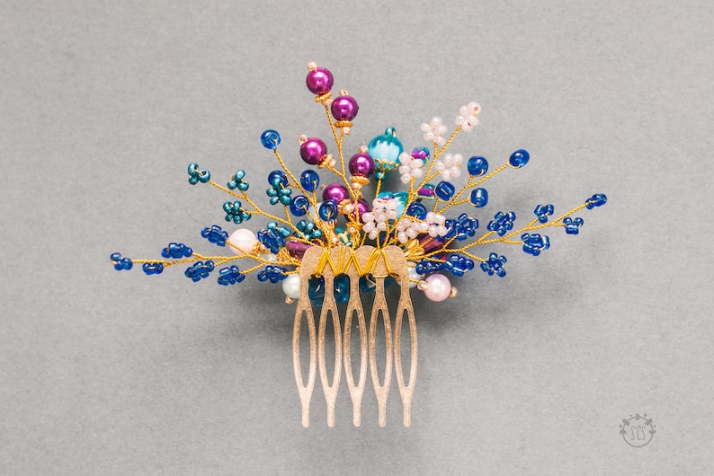bridal jewelry prom headpiece crystalline beads flower hairpin Blue and violet bohemian hair comb hairpin purple wedding hair accessory