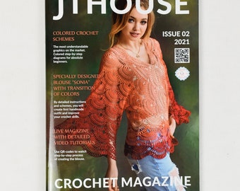 Digital crochet magazine "BLOUSE SONIA". Detailed video tutorial, high-quality colored schemes with instructions in English. For any size.