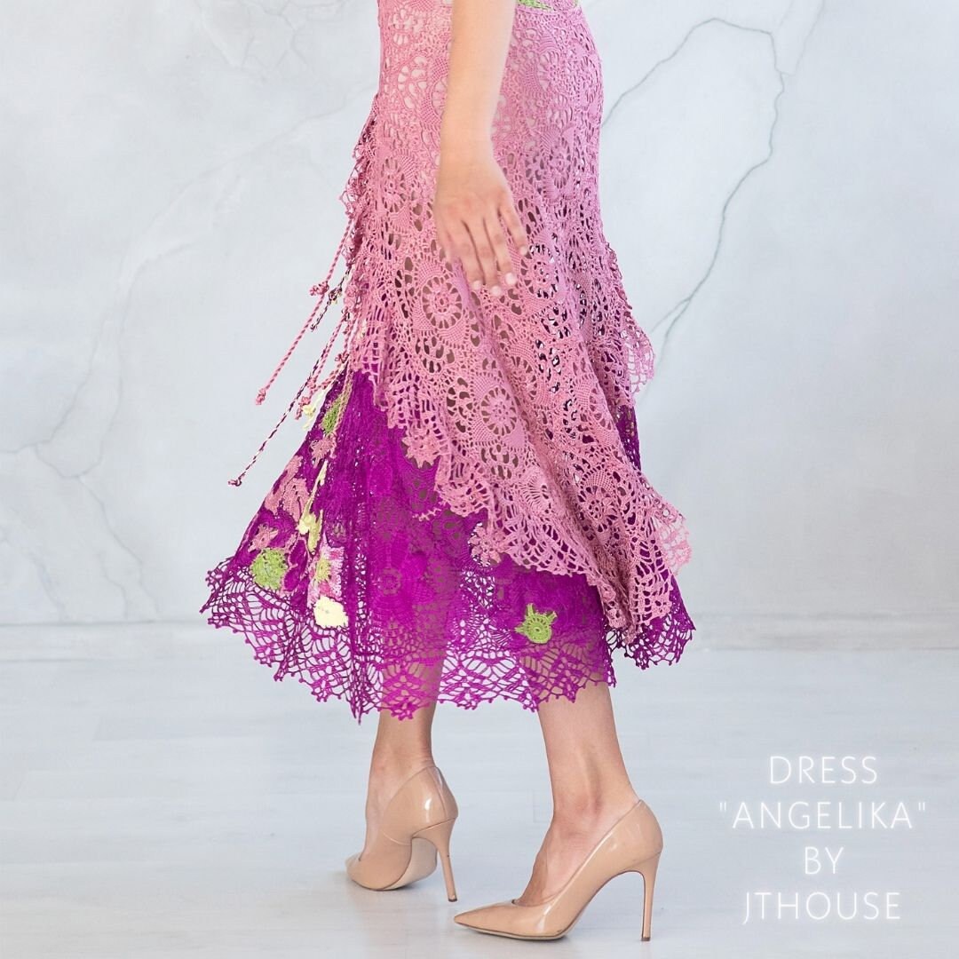 Pink Fuchsia A-Line Lace Crochet Dress with Straps and Short Sleeves Round Neckline. Top-Quality Silk Yarn - Handcrafted Evening Luxury Gown