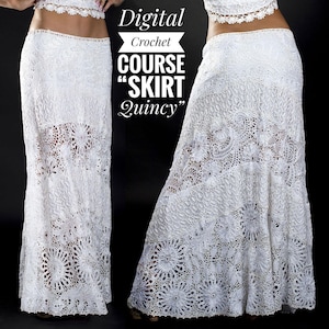 May include: A white, floor-length crochet skirt with a floral pattern. The skirt is made of a delicate, open-weave fabric. The image also includes the text "Digital Crochet COURSE 'SKIRT' Quincy".