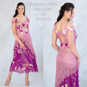 Pink Fuchsia A-Line Lace Crochet Dress with Straps and Short Sleeves Round Neckline. Top-Quality Silk Yarn - Handcrafted evening luxury gown