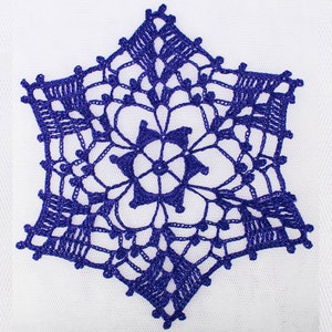 以下が含まれることがあります： 6 本の尖った星形の青いクロシェの雪の結晶のドイリー