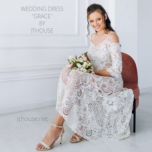 Ivory A-Line Irish Lace Crochet Wedding Dress with 3/4 Length Sleeves and Top-Quality Silk Yarn - Handcrafted Elegance for Your Special Day.