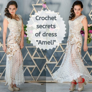 May include: A white crochet dress with a lace pattern and a flowing skirt. The dress is worn by a person standing in front of a geometric wooden backdrop. The text "Crochet secrets of dress "Amelie"" is visible in the image.