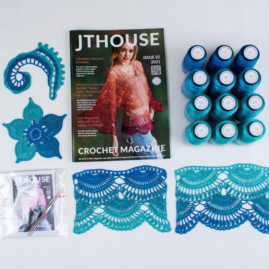 DIY Crochet Kit Blouse Sonia | 100% Italian Viscose in Turquoise & Blue ...