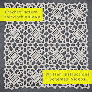 以下が含まれることがあります： 「ARIANA」と呼ばれる白いテーブルクロス用のクロシェパターン。パターンには、書き方の説明、図、ビデオが含まれています。