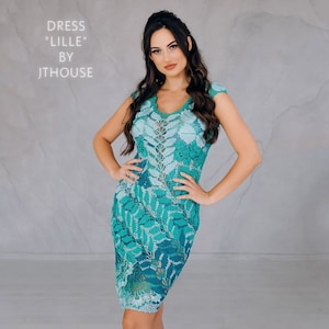 Fitted Cocktail Crochet Dress “Lille” in turquoise colors. With Short Sleeves and a Round Neckline Top-Quality Silk Yarn - Handcrafted gown.
