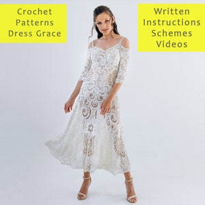 Crochet wedding dress pattern. Crochet video tutorials about dress. Lace Dress Crochet Pattern. Handmade dress pdf. Dress digital patterns.
