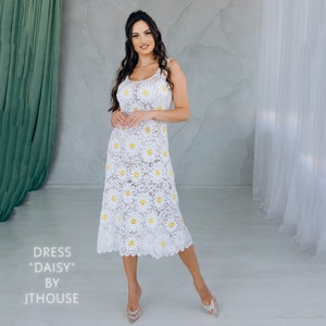 Midi Crochet Dress “Daisy” in White color. Floral design. With Thin Straps a Round Neckline Top-Quality Silk Yarn - Handcrafted gown.