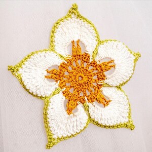 Könnte beinhalten: Eine gehäkelte Blume mit fünf Blütenblättern in weißer und grüner Wolle. Die Mitte der Blume ist ein gelber gehäkelter Kreis.