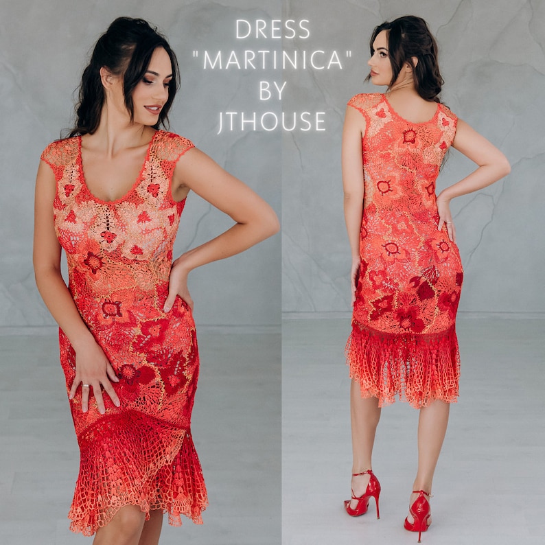 May include: A red crochet dress with a floral pattern. The dress has a fitted bodice and a flowing skirt. The dress is called "Martinica" by Jthouse.