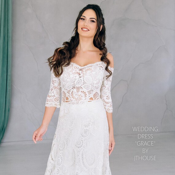 Ivory A-line Irish Lace Crochet Wedding Dress With 3/4 Length Sleeves and  Top-quality Silk Yarn - Handcrafted Elegance for Your Special Day. - Etsy