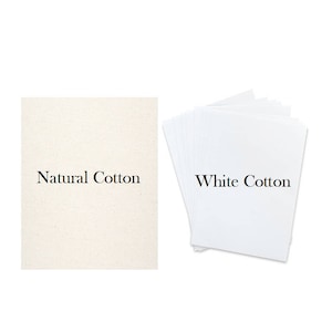 May include: Two squares of fabric, one natural cotton and one white cotton. The natural cotton fabric has a slightly rough texture, while the white cotton fabric is smooth.