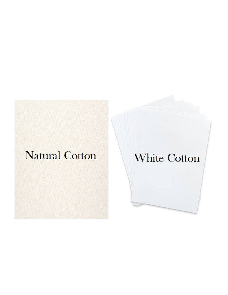 May include: Two squares of fabric, one natural cotton and one white cotton. The natural cotton fabric has a slightly rough texture, while the white cotton fabric is smooth.