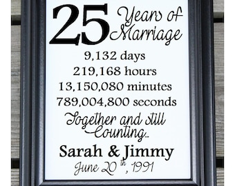 May include: A framed print with a black frame and a white background. The print features the number 25, the words "Years of Marriage", and a list of time units in days, hours, minutes, and seconds. The text also includes the words "Together and still Counting..." and the names "Sarah & Jimmy" with the date "June 20th, 1991".