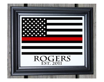 Firefighter Gift Cotton Print | Thin Red Line | Firefighter Gift | Gift For Fireman | Firefighter | American Flag Red Line | Last Name Est