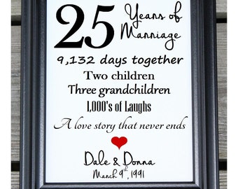 May include: A framed print celebrating 25 years of marriage with the text "25 Years of Marriage, 9,132 days together, Two children, Three grandchildren, 1,000's of Laughs, A love story that never ends, Dale & Donna, March 9th, 1991".