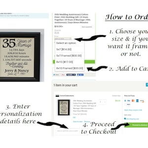 May include: A framed print celebrating a 35th wedding anniversary with the text "35 Years of Marriage" and the couple's names "Jerry & Nancy" and the date "June 20, 1981". The print is available in 5x7 and 8x10 sizes, with or without a frame. The image shows a step-by-step guide on how to order the print.