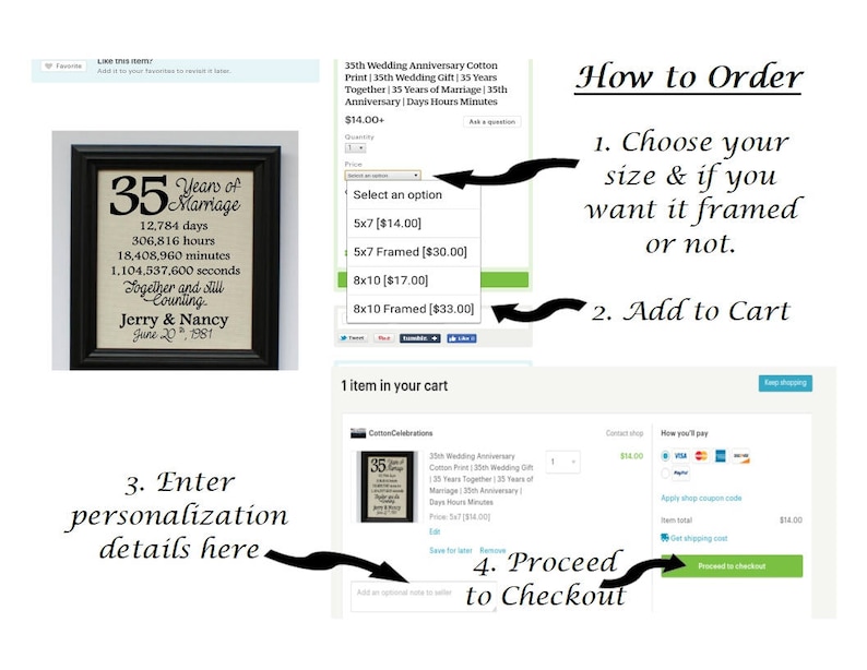 May include: A framed print celebrating a 35th wedding anniversary with the text "35 Years of Marriage" and the couple's names "Jerry & Nancy" and the date "June 20, 1981". The print is available in 5x7 and 8x10 sizes, with or without a frame. The image shows a step-by-step guide on how to order the print.