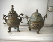 Two antique Chinese antique censers, temple Zhengde and Qianlong mark decorated with bats, clouds, Ruyi and Shao symbols 19th century